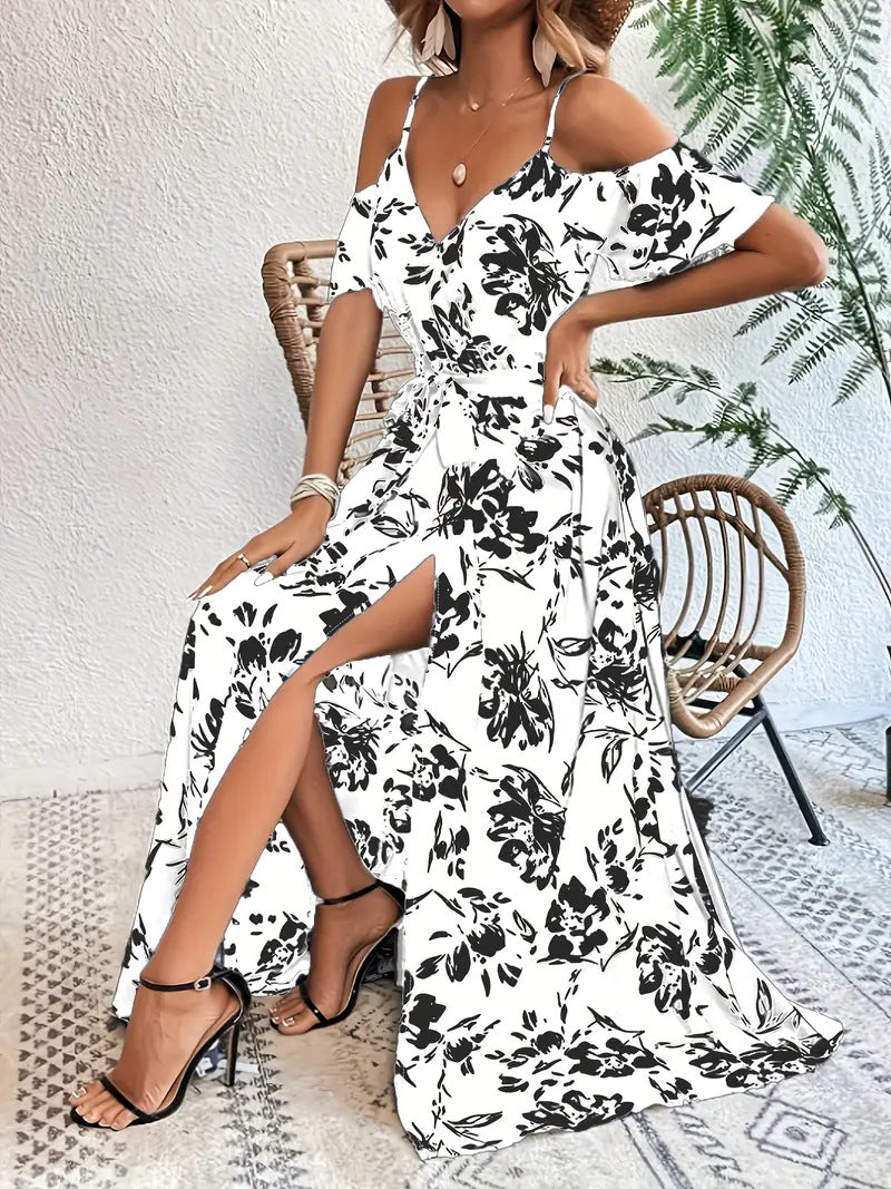 Ins Off-Shoulder Split Dress Summer Floral Print Suspender Long Dresses with Belt Design Women'S Beach Clothing