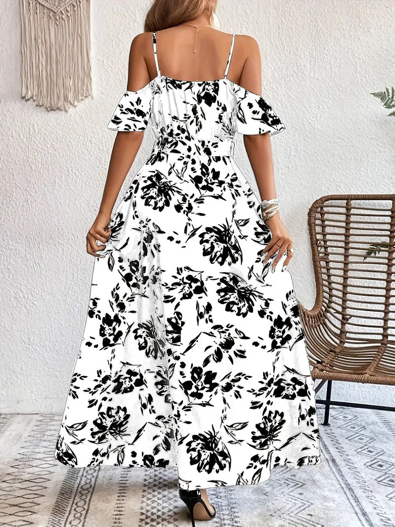 Ins Off-Shoulder Split Dress Summer Floral Print Suspender Long Dresses with Belt Design Women'S Beach Clothing