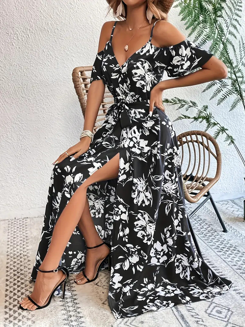 Ins Off-Shoulder Split Dress Summer Floral Print Suspender Long Dresses with Belt Design Women'S Beach Clothing