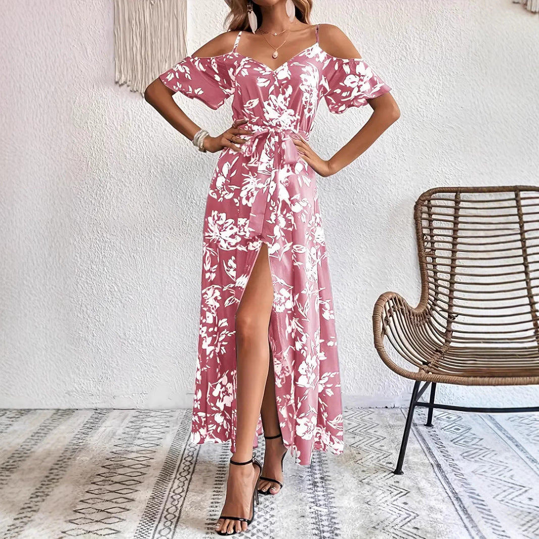 Ins Off-Shoulder Split Dress Summer Floral Print Suspender Long Dresses with Belt Design Women'S Beach Clothing