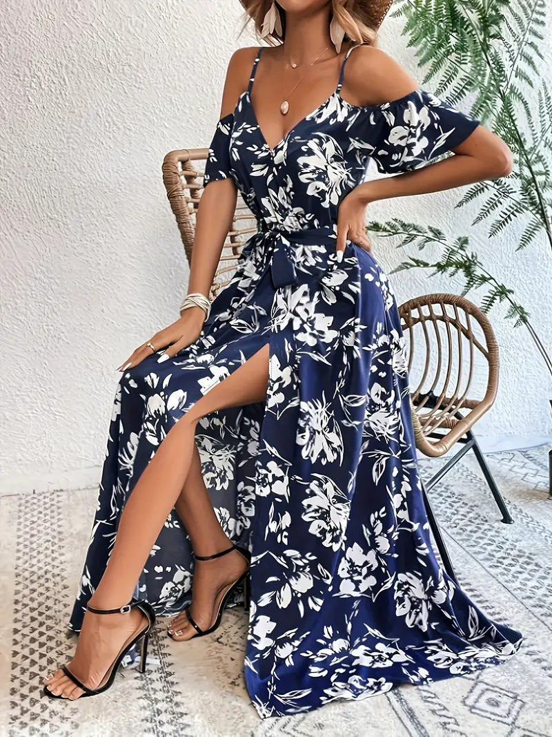Ins Off-Shoulder Split Dress Summer Floral Print Suspender Long Dresses with Belt Design Women'S Beach Clothing