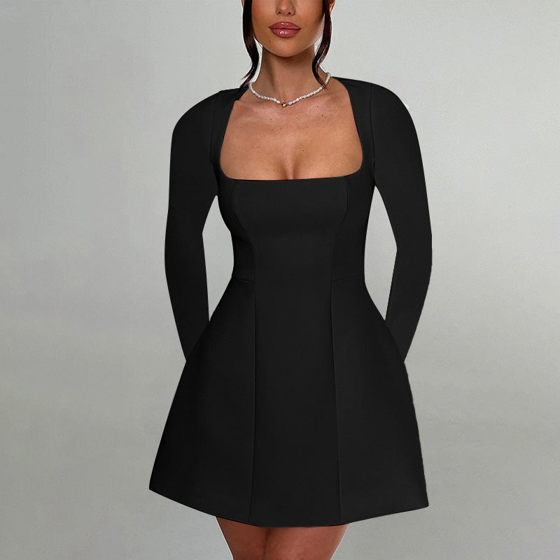 Women'S Clothing Slim Fit Square Collar Long Sleeve Dress Women