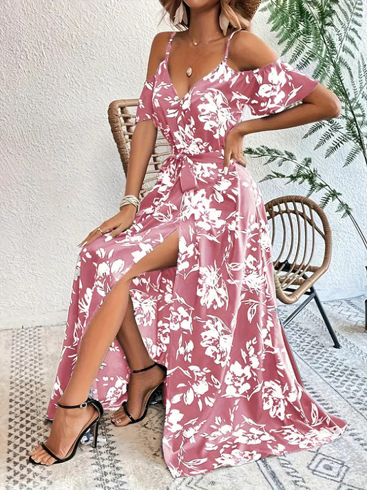 Ins Off-Shoulder Split Dress Summer Floral Print Suspender Long Dresses with Belt Design Women'S Beach Clothing